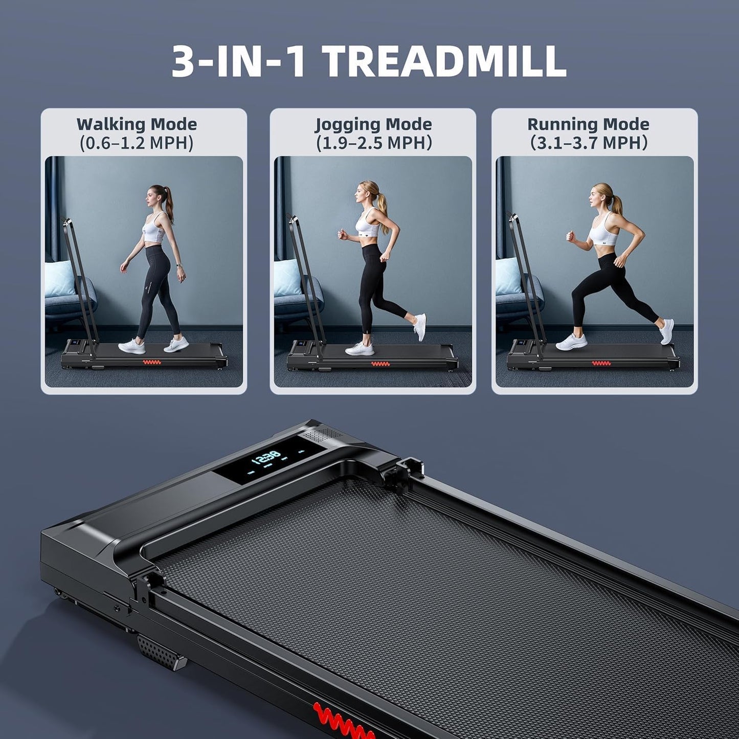 Walking Pad Treadmill for Home - Folding Treadmills with Handle Bar Portable Compact Fold up Indoor Foldable Handles Electric Walk Pads Small Spaces Mini Running Quiet under Bed Office